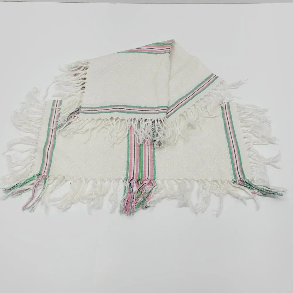 2 VTG White Diamond Texture Multi Stripe Fringed Napkins Green Pink Yellow Black
